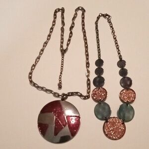 #1033 2 Piece Gunmetal Red And Gold Glitter Necklace Bundle.